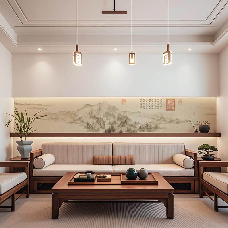 中式客厅装饰画千里江山图茶桌背景墙窄长条国画茶室墙纸山水壁画,家装主材,定制壁画,淘宝优惠券,粉丝福利购,淘宝优惠卷