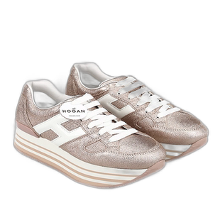 欧洲直邮HOGAN/霍根 时尚奢华女士闪亮粉色皮质 白色H标志运女鞋