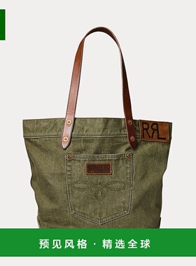 欧洲直邮RALPH LAUREN拉夫劳伦RRL皮革边饰斜纹布托特包手提包