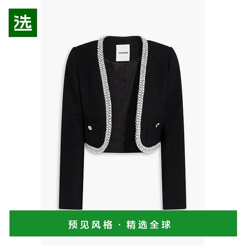 香港直邮Sandro 女士 短款精饰棉混纺花呢夹克 SFPVE00945BLACK