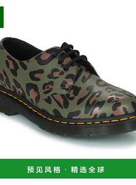 欧洲直邮dr. martens 女士绿色豹纹皮革复古时尚休闲系带马丁单鞋