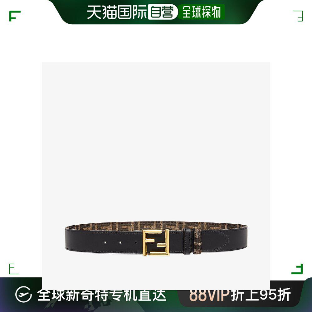 欧洲直邮fendi/芬迪 黑色皮革和 ff 织物双面腰带
