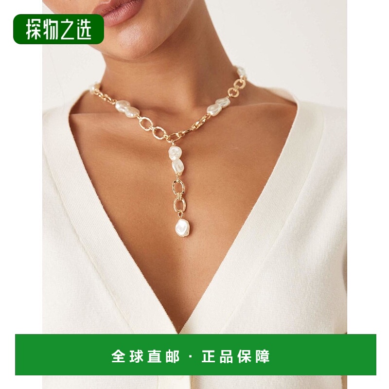 香港直邮ASOS 女士 faux-freshwater 设计粗框链条套索珍珠色调项