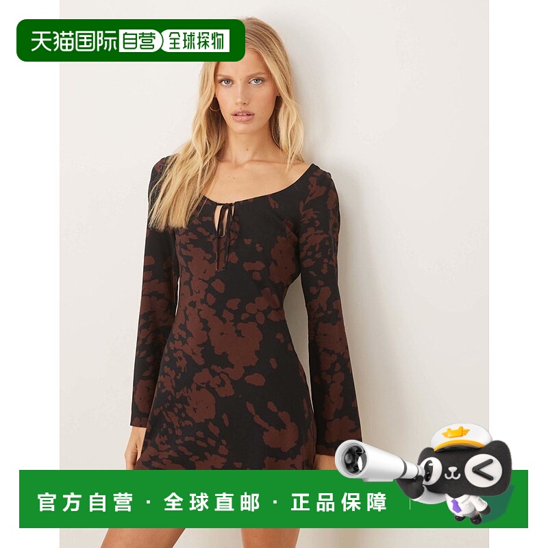 香港直邮ASOS 女士 设计长袖圆领红色抽象印花飘逸连衣裙