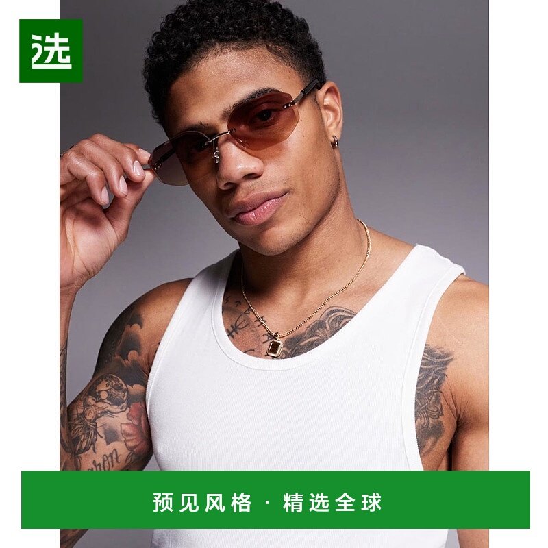 香港直邮ASOS 男士 设计无框紫色镜片金属金色边框太阳眼镜