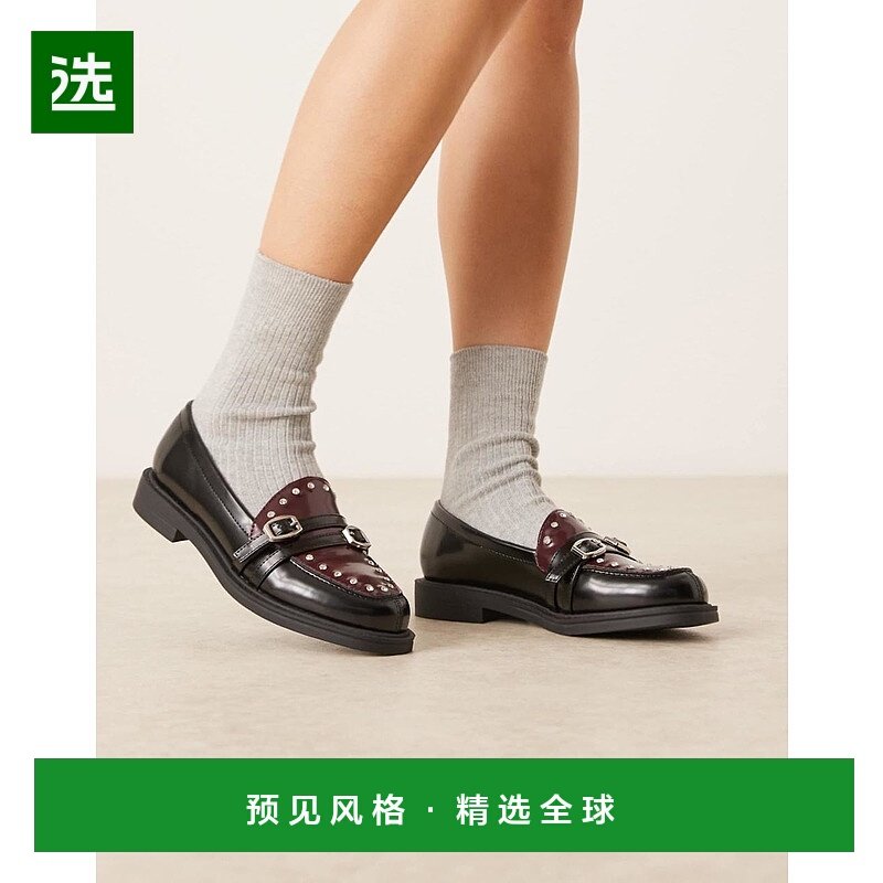 香港直邮ASOS 女士 Molly 设计双搭扣酒红色便鞋(黑色)