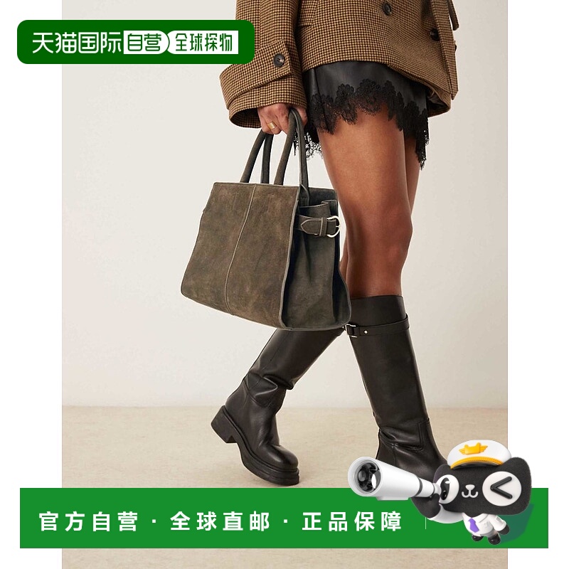 1h可退 香港直邮ASOS 女士 设计绒面革双带扣侧边巧克力色手提包