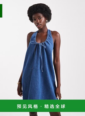 1h可退 香港直邮ASOS 女士 设计牛仔圆领褶皱迷你深色中长蓝色连