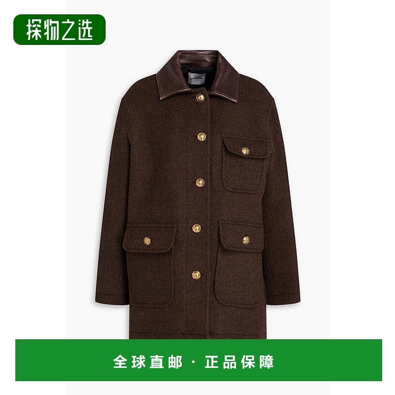 香港直邮Sandro 女士 皮革边羊毛混纺斜纹布大衣 SFPOU00699BROWN