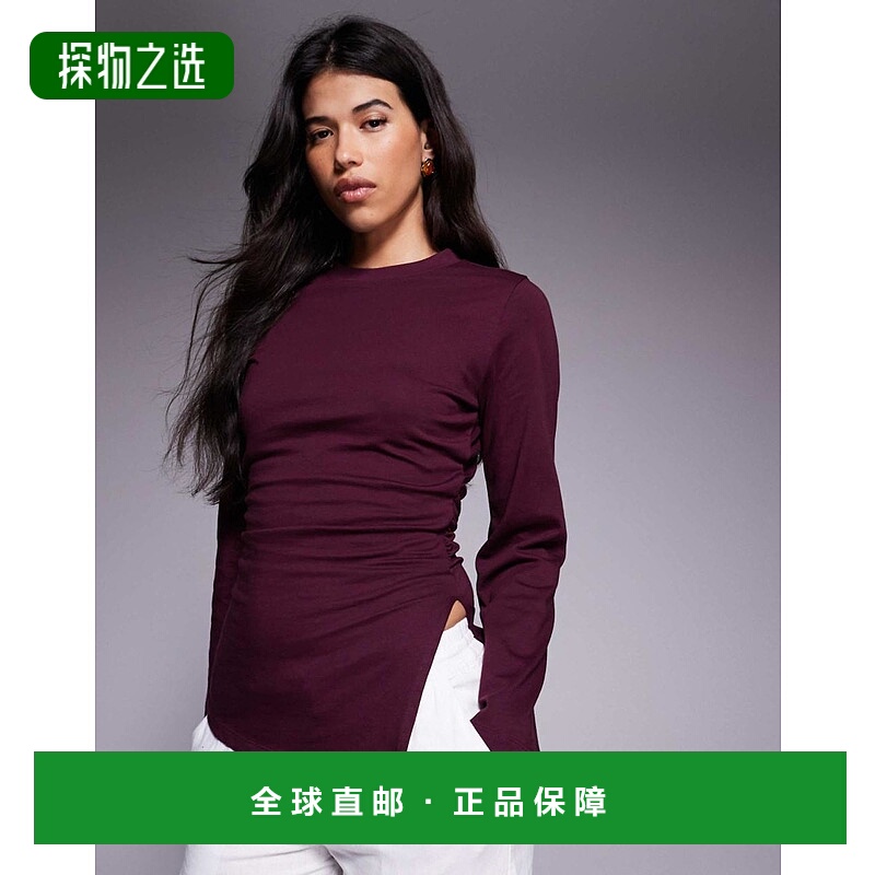 香港直邮ASOS 女士 设计紧身侧边不对称T恤(酒红色)