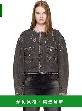 1h可退 香港直邮R13 女士 灰色 Chain Embellished Cropped 牛仔