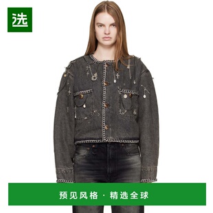 1h可退 香港直邮R13 女士 灰色 Chain Embellished Cropped 牛仔