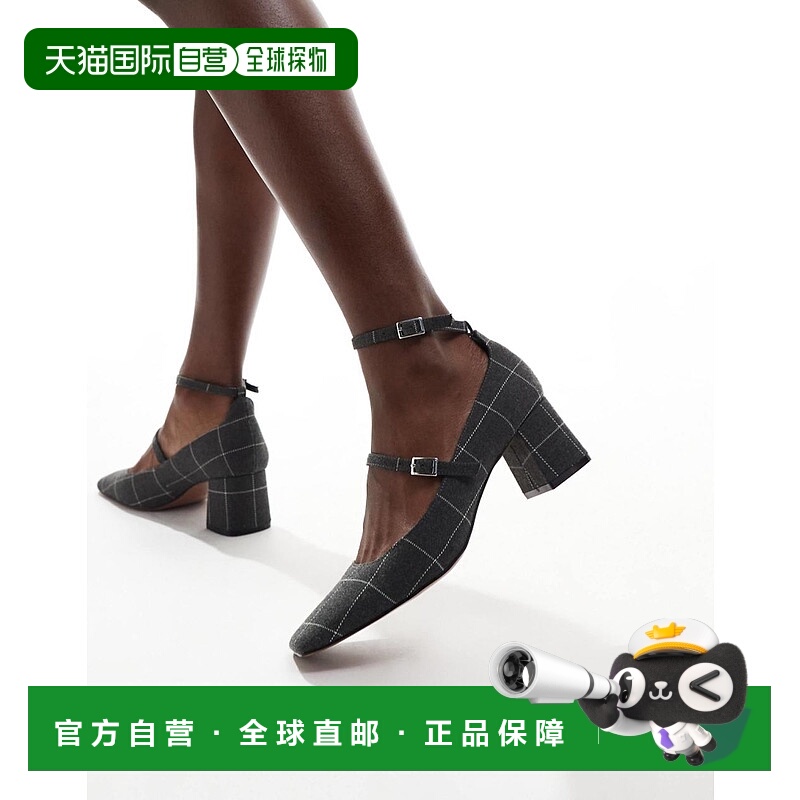 1h可退 香港直邮ASOS 女士 Sheldon mid 设计玛丽珍粗跟格纹鞋(灰