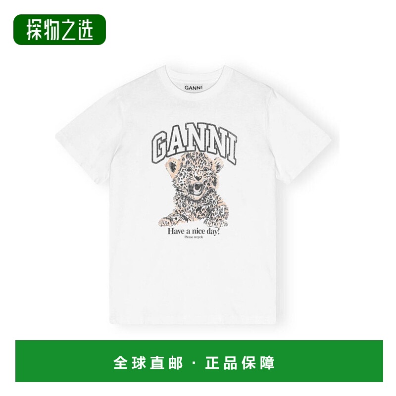 香港直邮Ganni 平纹豹纹宽松 T 恤 T4124新款短袖