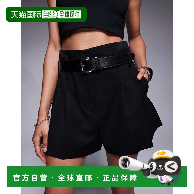 1h可退 香港直邮ASOS 女士 设计长筒精细剪裁高腰束带短裤(黑色)