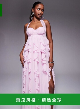香港直邮ASOS 女士 奢华挂脖瀑布荷叶边长款连衣裙淡紫色长裙