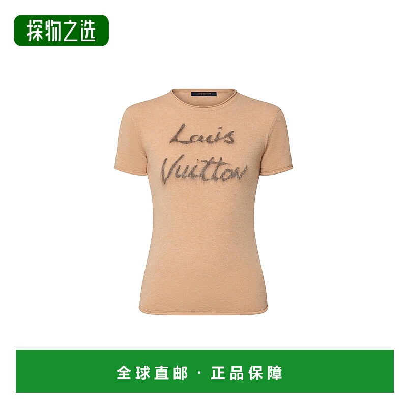 自营欧洲直邮LV路易威登 女士骆驼米色羊毛手写体logo短袖上衣