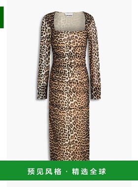 1h可退 香港直邮GANNI 甘尼 女士 褶皱豹纹网纱中长连衣裙 T27189
