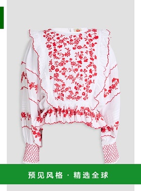 1h可退 香港直邮FARM RIO 女士 荷叶边刺绣棉纱衫 327755OFFWHITE