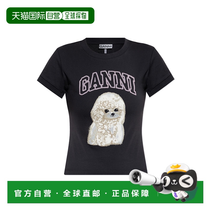 1h可退 香港直邮GANNI 甘尼 女士 POODLE 水洗黑色印花T恤 T42393