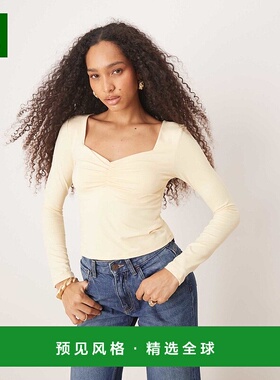 1h可退 香港直邮ASOS 女士 设计锦纶紧身褶皱胸部黄色长袖上衣(bu