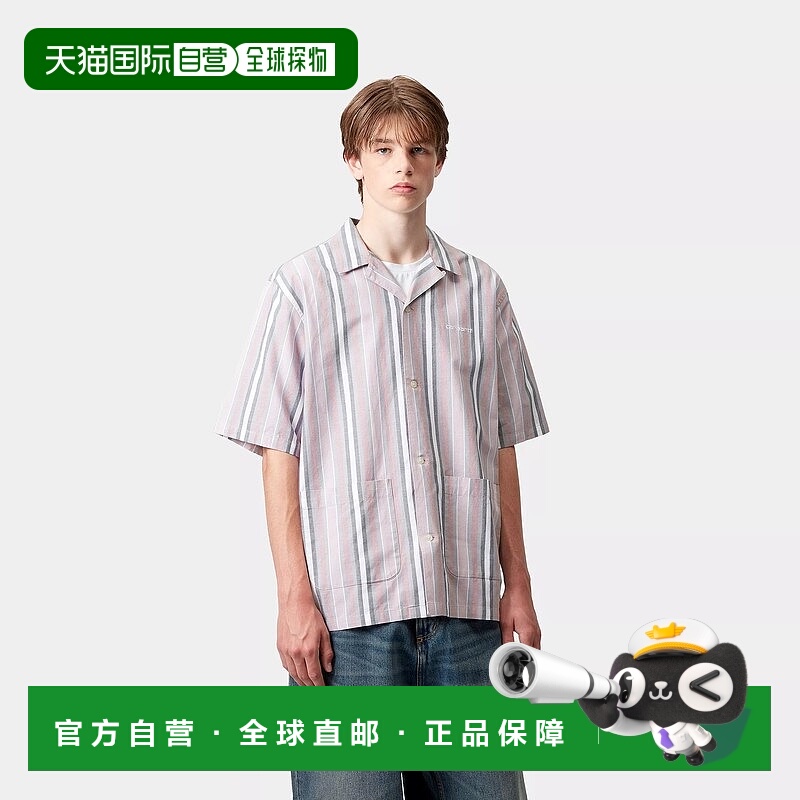 自营欧洲直邮Carhartt Wip 男士粉色棉/亚麻短袖衬衫条纹棉麻