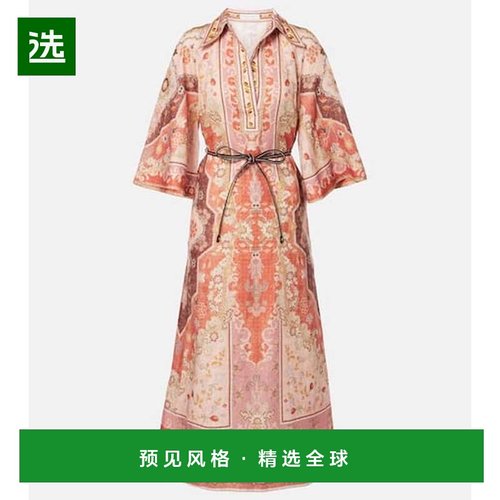 1h可退 香港直邮ZIMMERMANN 女士 Wylie 印花亚麻中长连衣裙