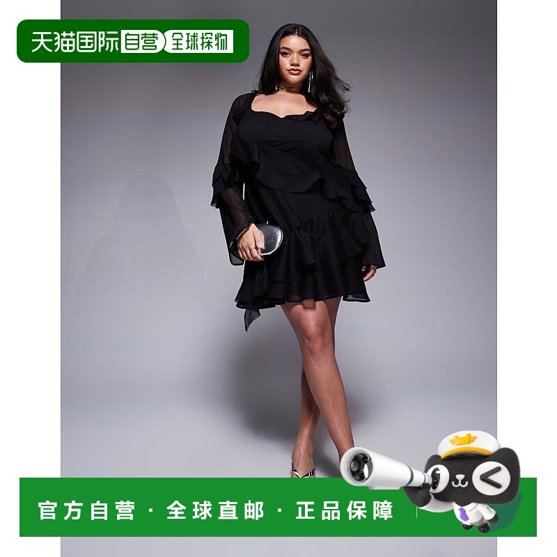 1h可退 香港直邮ASOS 女士 curve 设计喇叭袖皱褶迷你连衣裙(黑色
