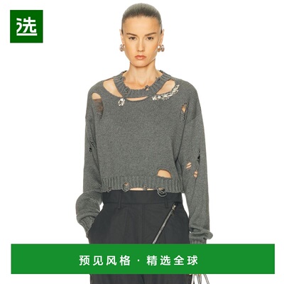 1h可退 香港直邮AREA 女士 磨破水晶圆领毛衣 PF25AWKN0023YA01