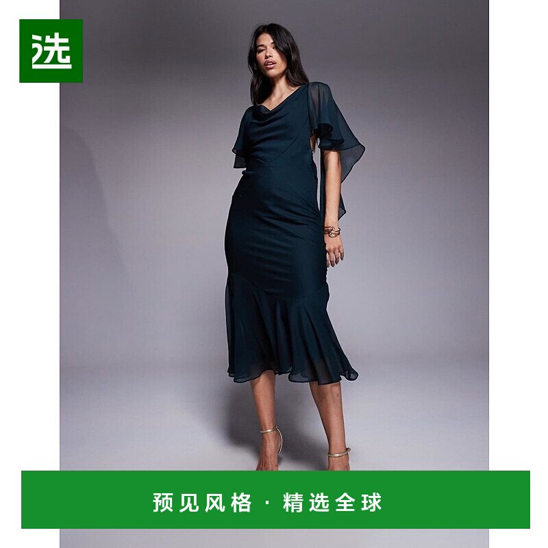 1h可退 香港直邮ASOS 女士 设计大樽领皱褶下摆深色绿色长款连衣