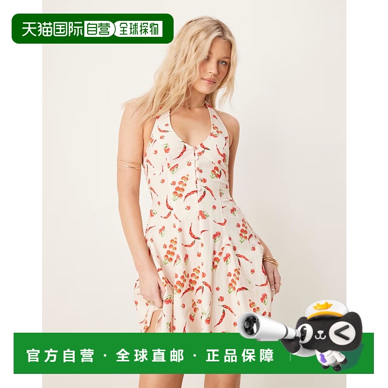 1h可退 香港直邮ASOS 女士 设计挂脖迷你三角形下摆印花连衣裙(ch