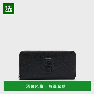 欧洲直邮HUGO 双 BLACK 绗缝字母粒面拉链钱钱包 BOSS雨果BOSS