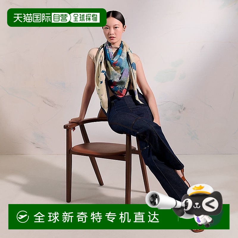1h可退 欧洲直邮Hermes爱马仕 女士天然色/蓝色羊绒丝巾
