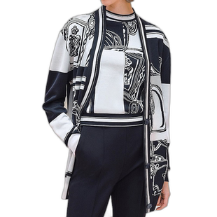 1h可退 Hermes/爱马仕24新款 女士黑蓝色桑蚕丝V领无序刺开衫