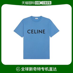 欧洲直邮CELINE 蓝色棉质徽标丝网印花宽松T恤 男士 赛琳24新款