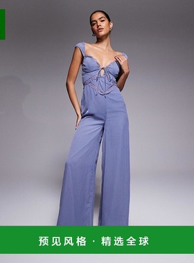 香港直邮ASOS 女士 设计蕾丝拼块束腰阔腿蓝色吊带连体裤(DUSKY)