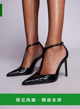 1h可退 香港直邮ASOS 女士 Prime 设计T带高跟鳄鱼纹鞋(黑色)