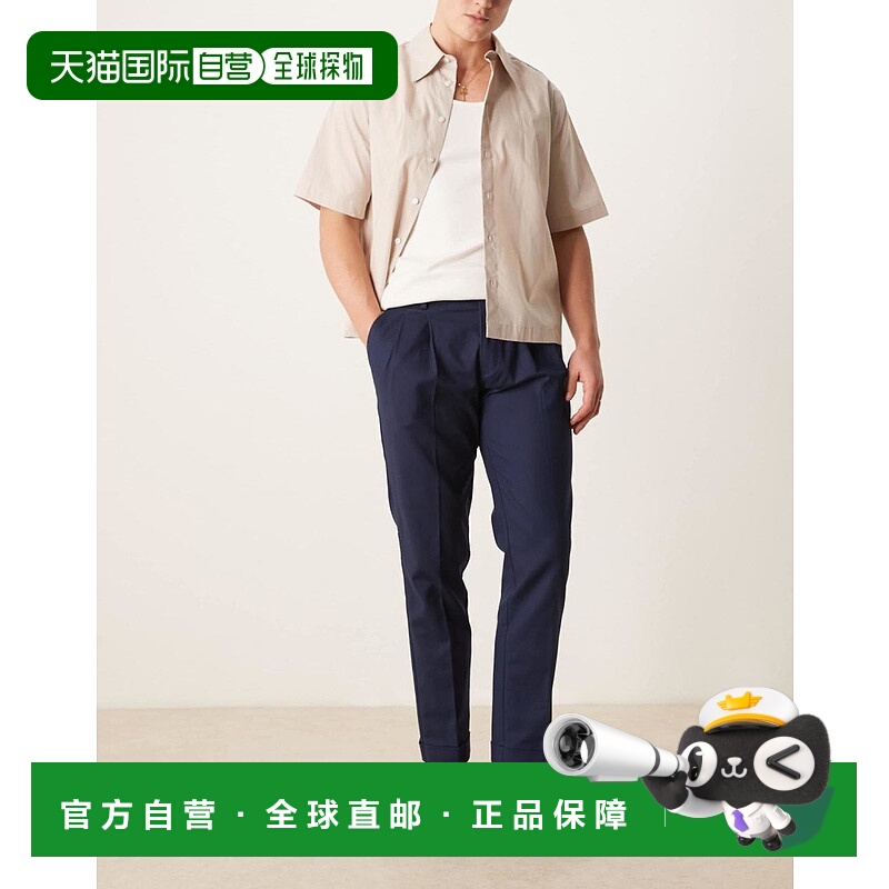 1h可退 香港直邮ASOS 男士 smart 设计修身棉质斜纹棉布裤子(海军