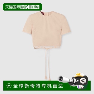 欧洲直邮Gucci 上衣 古驰 女士深粉色棉logo标识刺绣下摆系带短袖