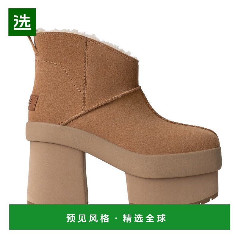 欧洲直邮UGG24新款 女士褐色麂皮鞋面防臭鞋垫防滑徽标高跟短短靴图片