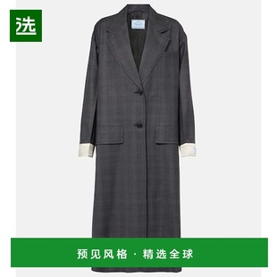 普拉达 舒适时尚 女士 grey灰色 格纹初剪羊毛大衣 香港直邮Prada