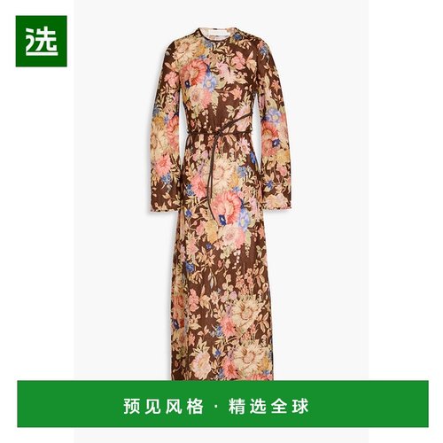 1h可退 香港直邮ZIMMERMANN 女士 印花亚麻长款连衣裙 8500DRS242