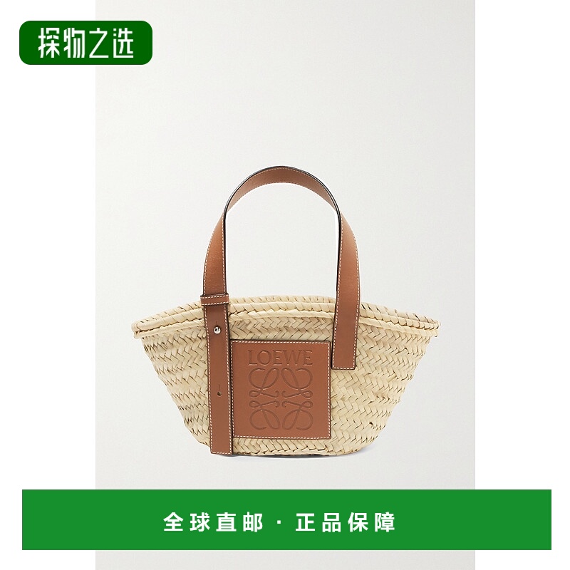 香港直邮LOEWE 罗意威 女士 小号皮革饰边拉菲草编织手提包 32702