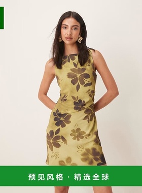 1h可退 香港直邮ASOS 女士 设计褶皱束腰迷你黄色印花连衣裙