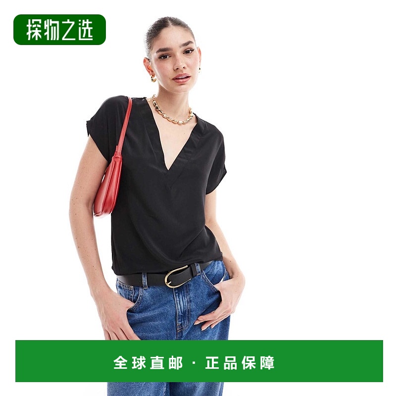 香港直邮ASOS 女士 设计V领梭织T恤(黑色) black黑色 舒适时尚
