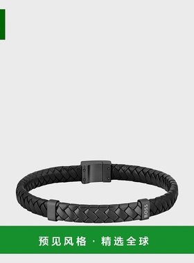 欧洲直邮HUGO BOSS雨果BOSS ORANGE人字形金属饰边黑色编织皮手链