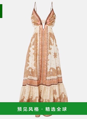 1h可退 香港直邮ZIMMERMANN 女士 Maxine 佩斯利苎麻中长连衣裙