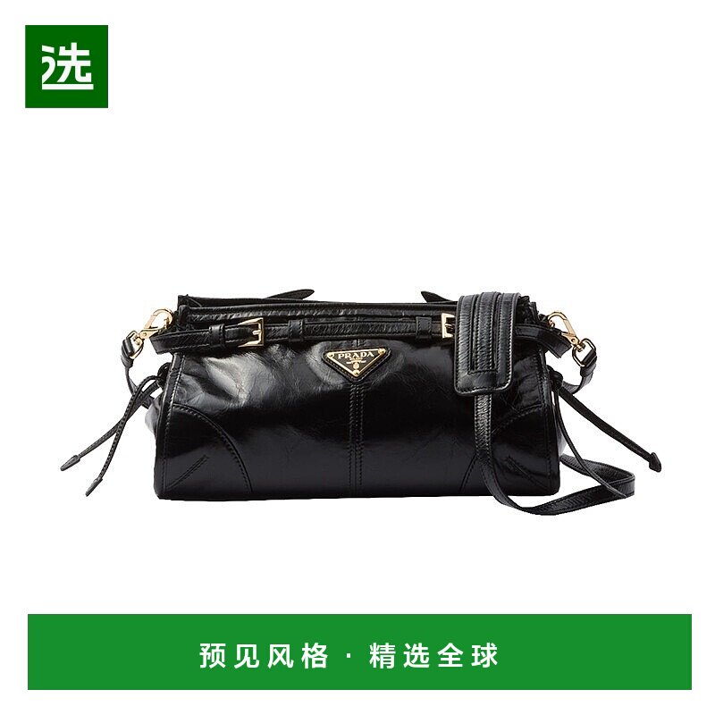 欧洲直邮Prada/普拉达 女士黑色皮革可调节肩带金属饰品单肩