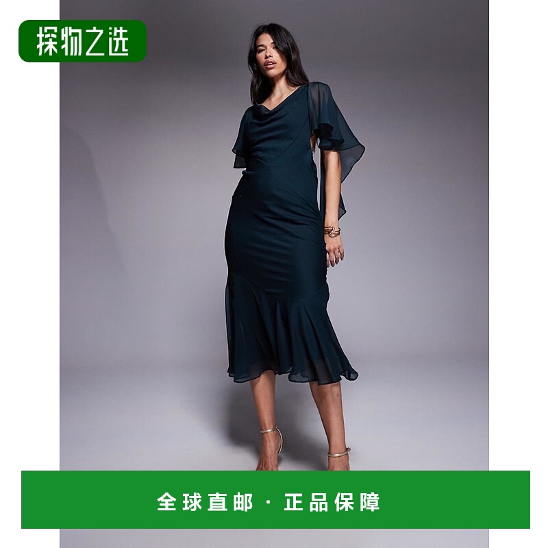 香港直邮ASOS 女士 设计大樽领皱褶下摆深色绿色长款连衣裙