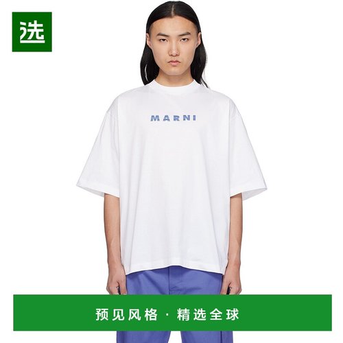 1h可退 香港直邮Marni 玛尼 男士 白色 Crewneck Checked Logo T
